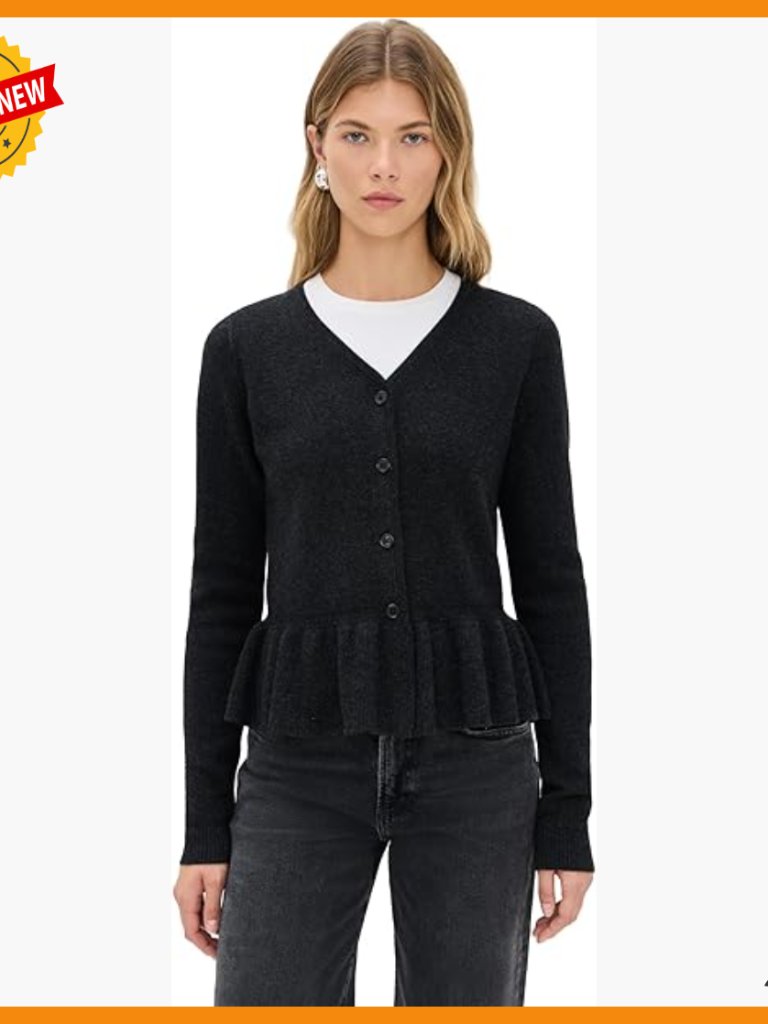 V-Neck Cardigan With Ruffle Hem, Mid-Weight Stretch Knit Fabric